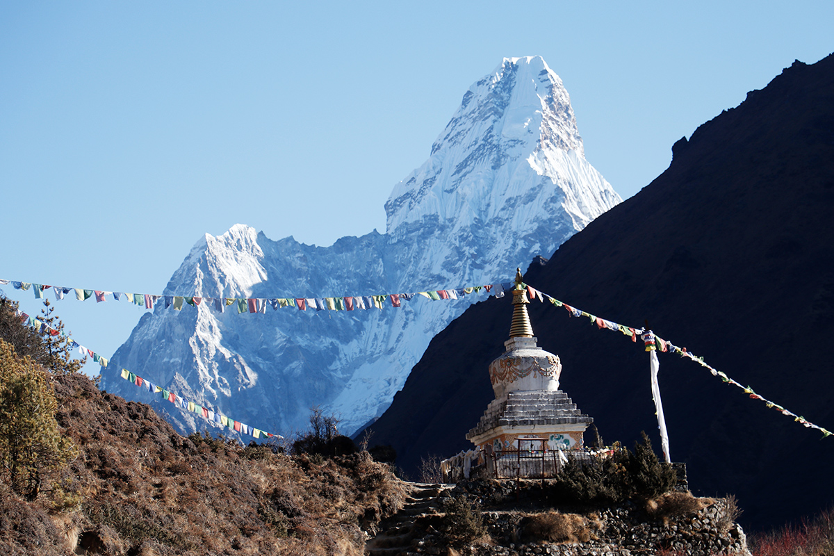 Ama Dablam and Small Buddhist Stupa saw from the way to Kyanjuma Village